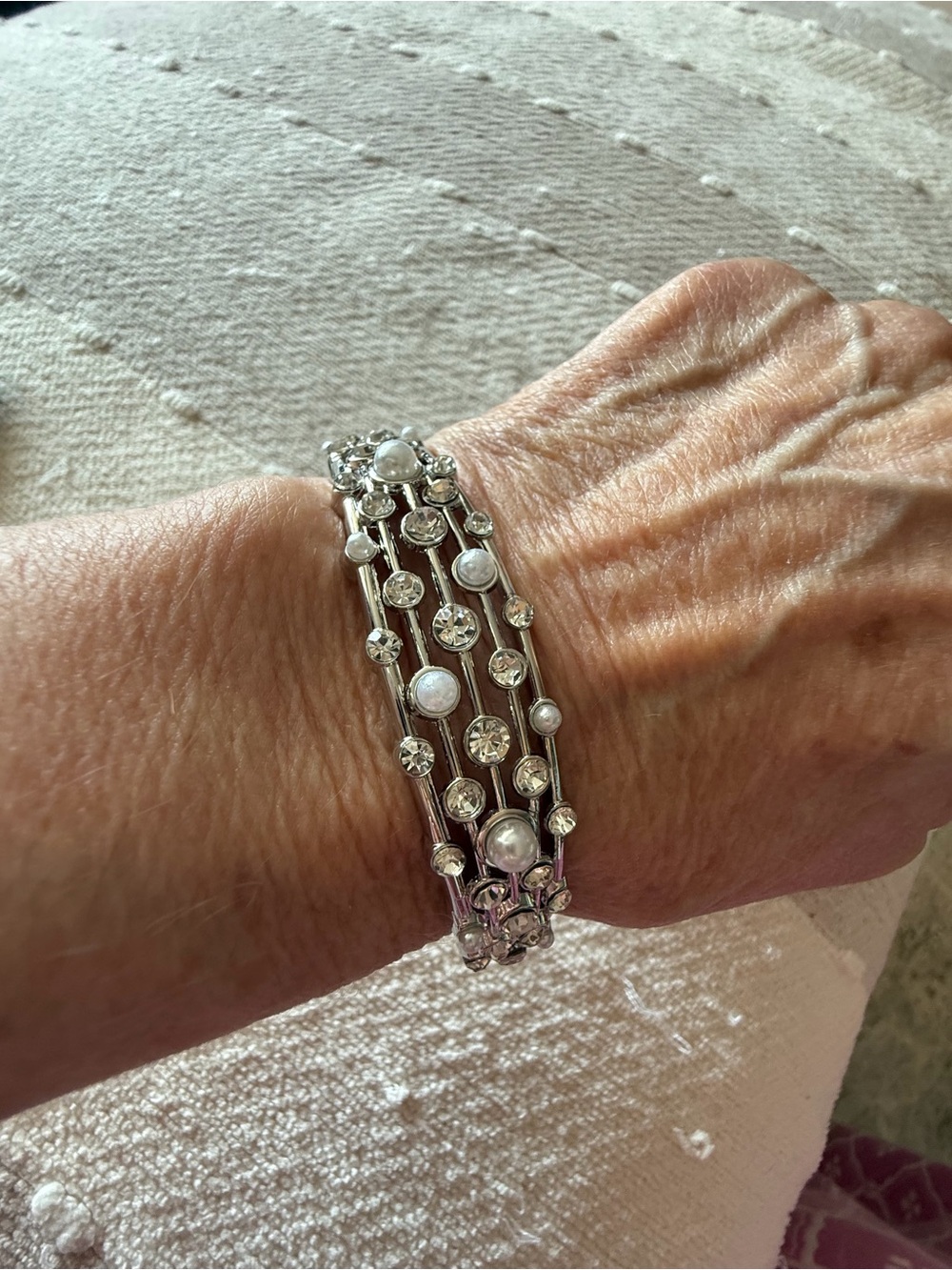 Silver Pearl & Crystal Multi-Row Stretch Bracelet
